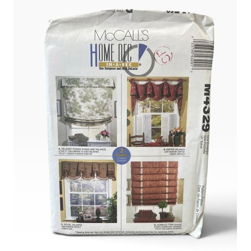 McCall's M4329 Home Decor Window Roman Shade Valance 28-96" Quick Easy In A Sec